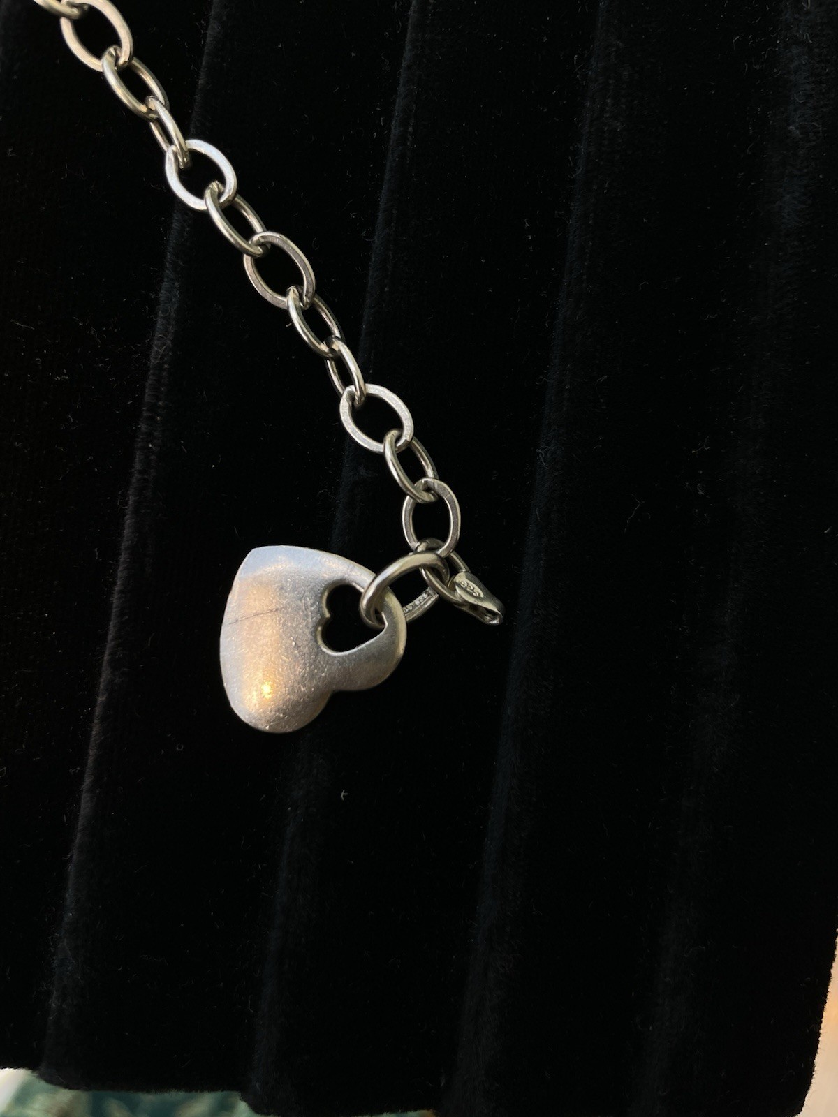 925 silver Oval Link Chain Charm Bracelet Heart Dangle Lobster Clasp