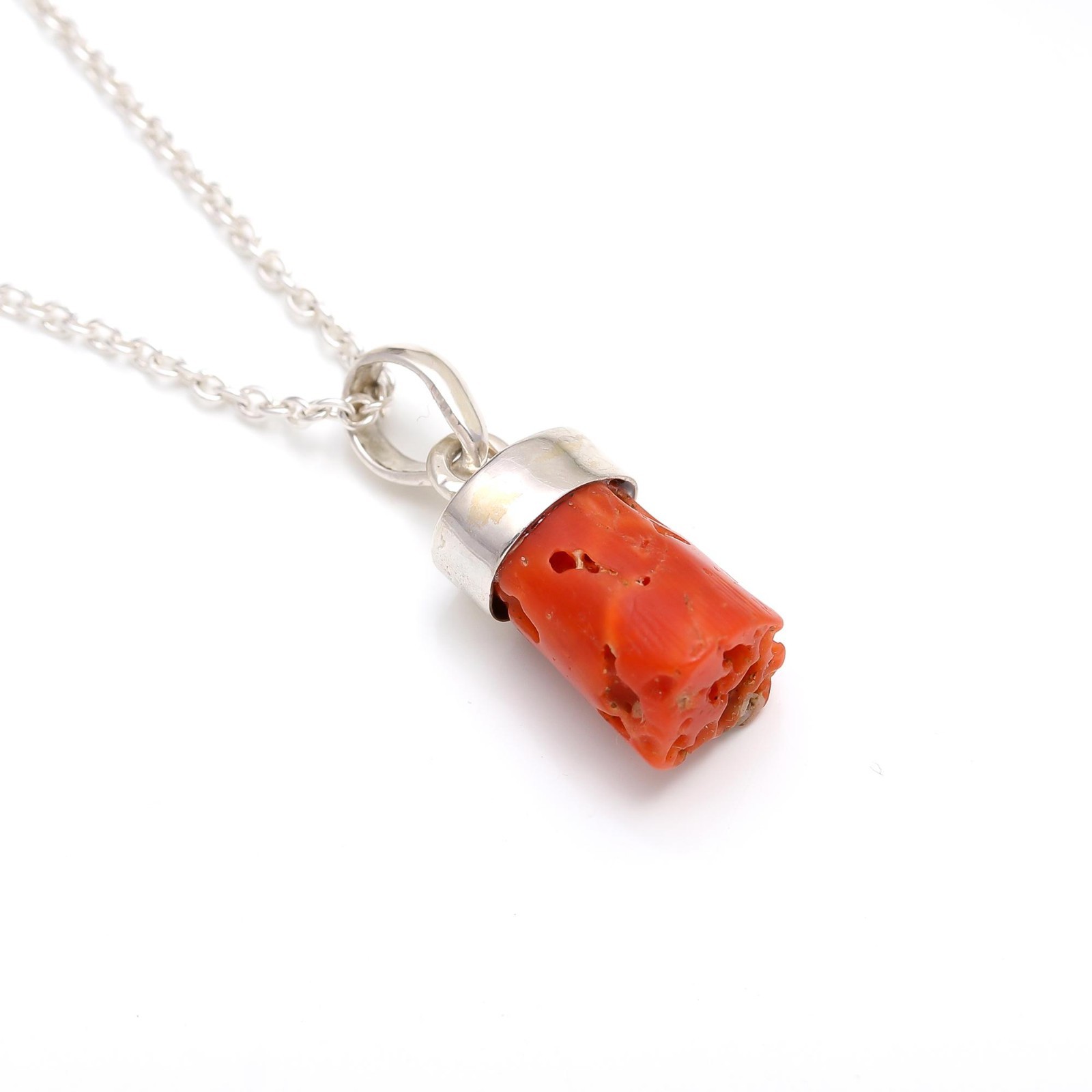 100% Natural Italian Red Coral Rough Chain Pendant 925 Sterling Silver Jewelry