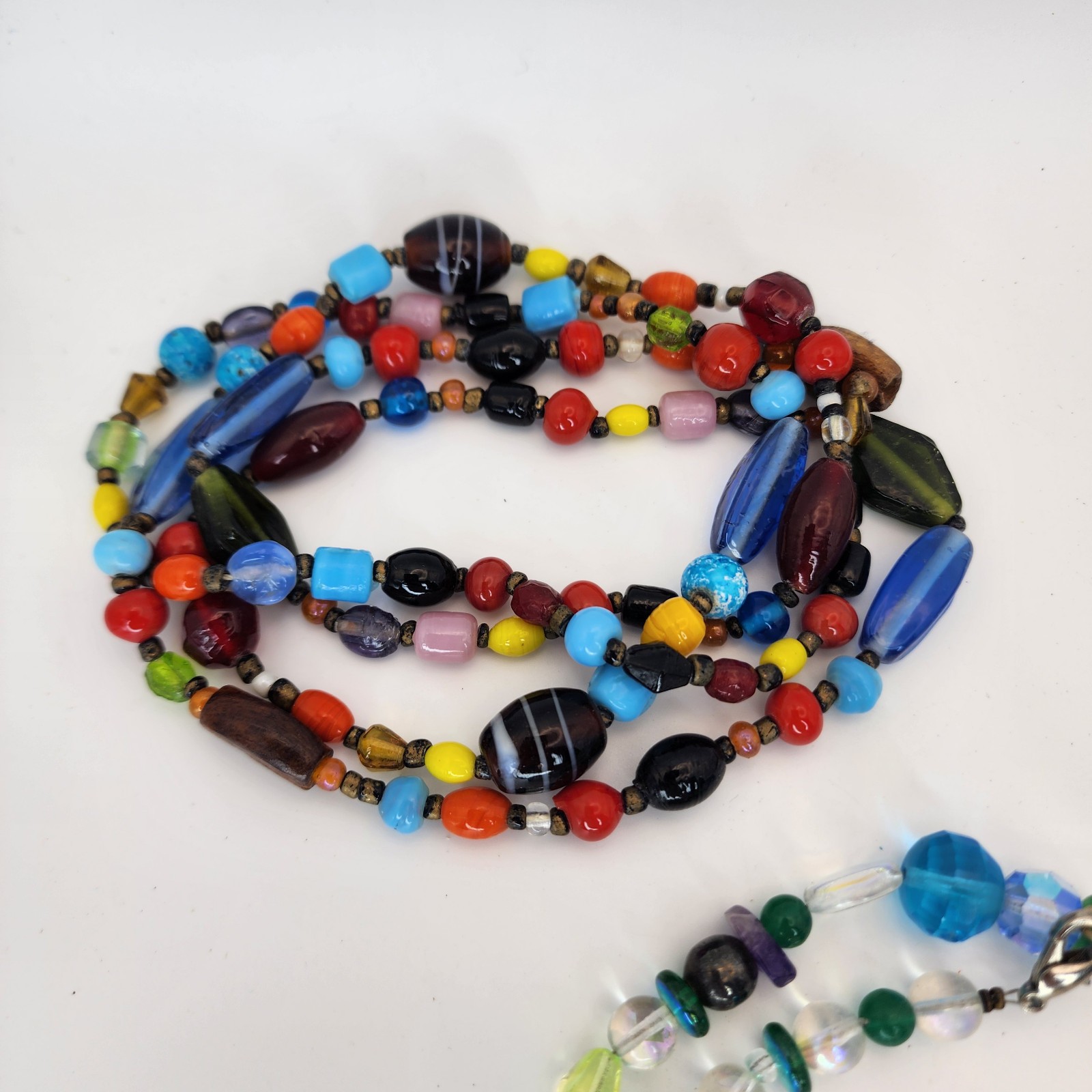 Colorful Beaded Long Dangle Necklace Lot Glass Stone Plastic Boho Eclectic