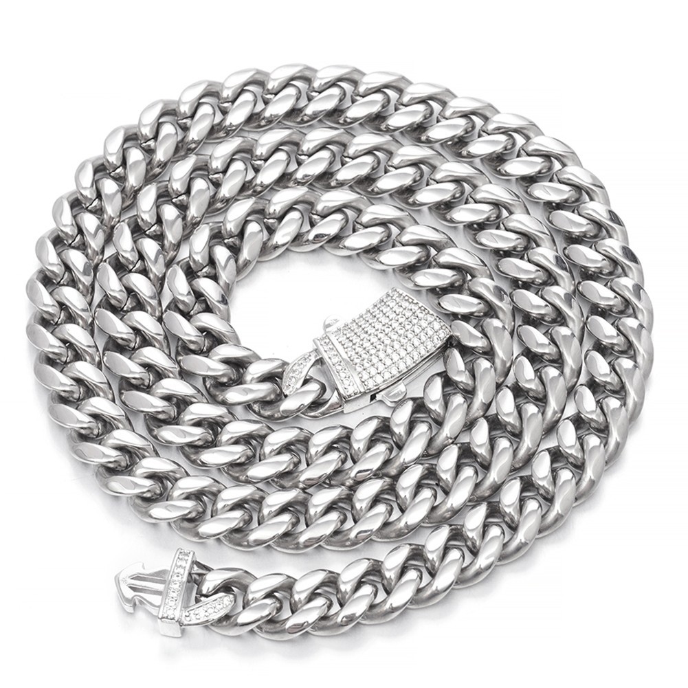 Men’s Silver Stainless Steel Miami Link Chain Necklace Shinny Clasp 14mm*60cm