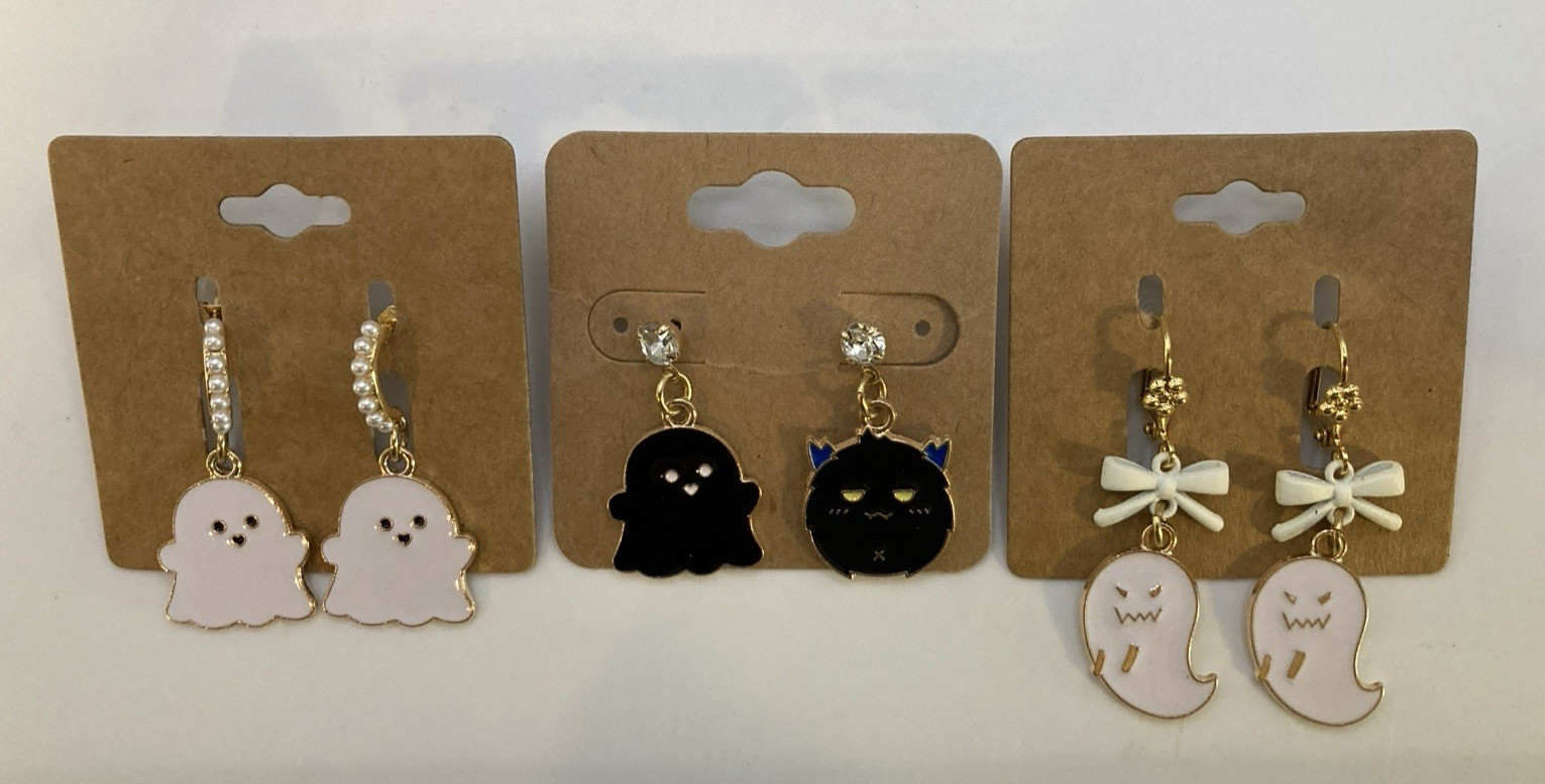 White & Black GP & Enamel Variety Ghost & Bat Dangle/Drop Earrings, Set 3 Pair