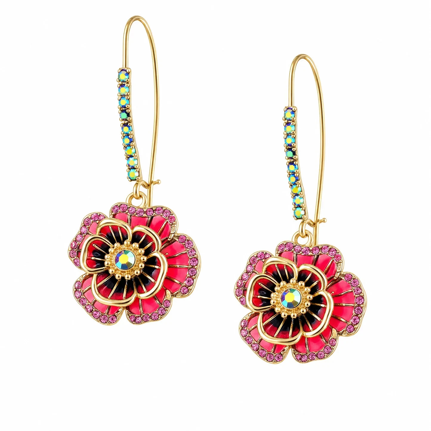 Floral Drop Earrings Women Gold Tone Crystal Rose Flower Hook Statement Boho