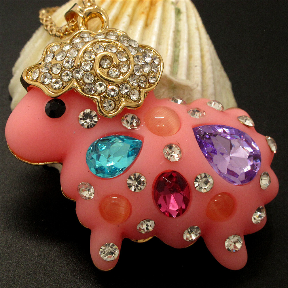 New Holiday gifts Pink Resin Cute Sheep Crystal Animal Necklace Sweater Chain