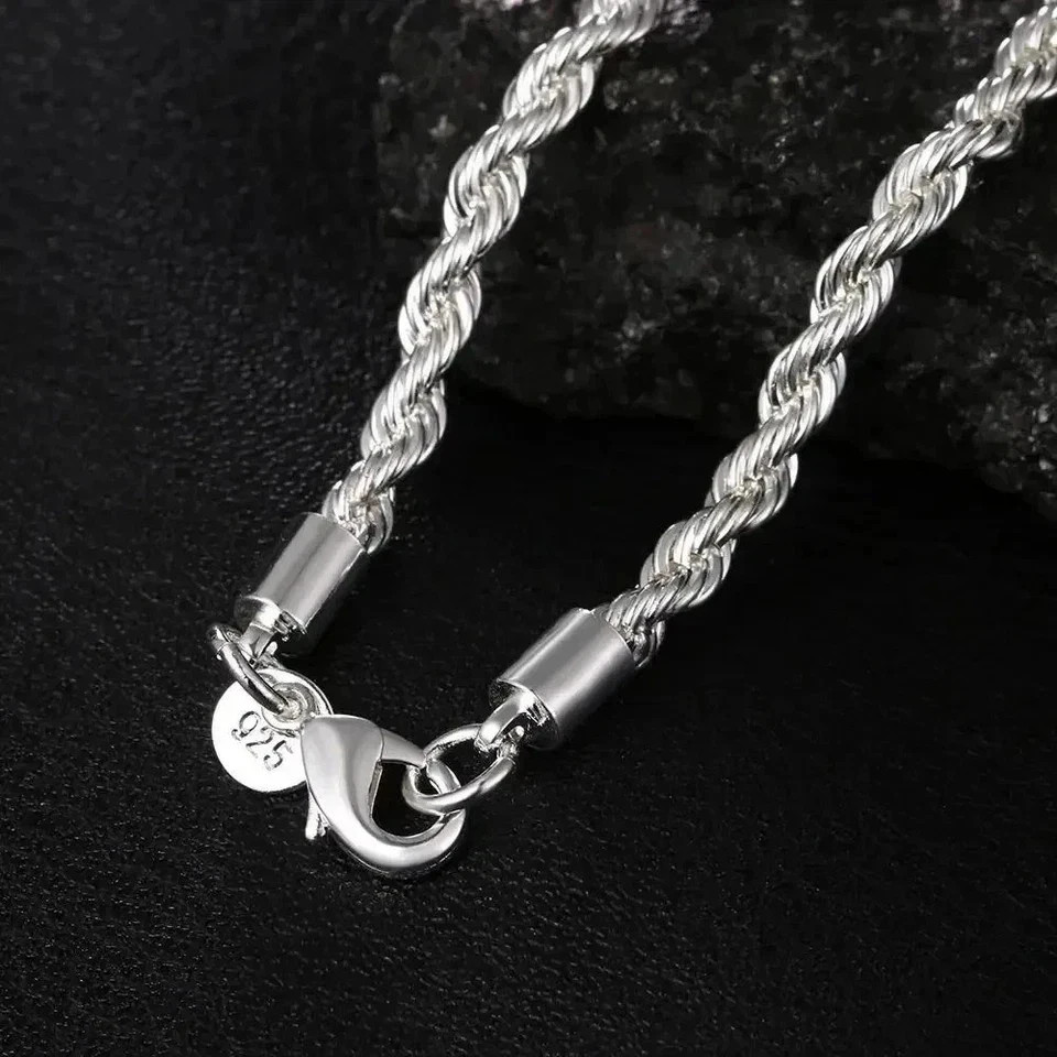 4mm Diamond Cut Solid 925 Sterling Silver Italian Rope Chain Men’s Necklace