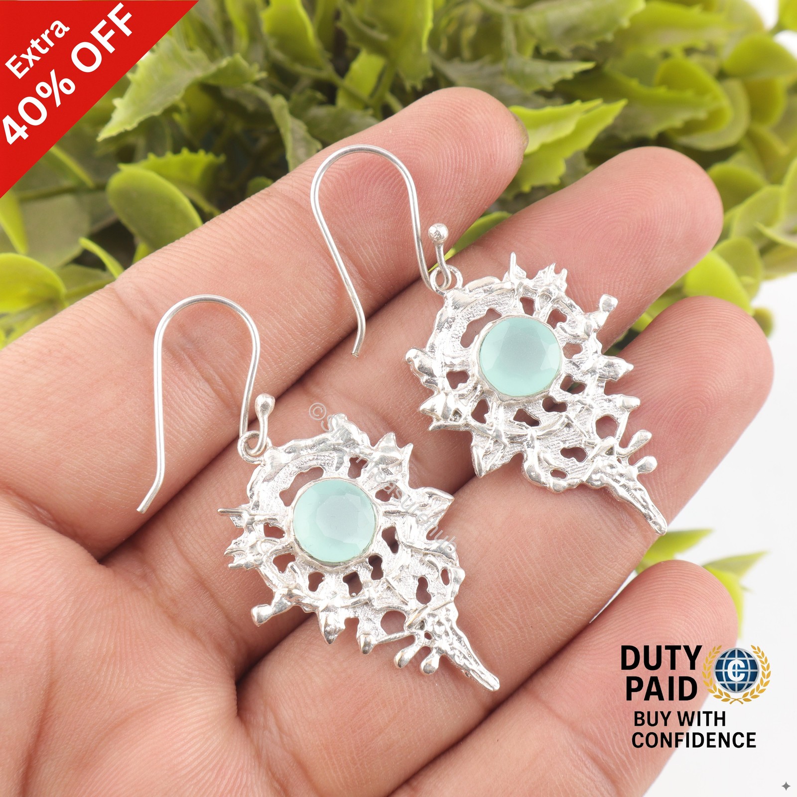 925 Sterling Silver Aqua Chalcedony Stone Birthday New Dangling Earrings Jewelry