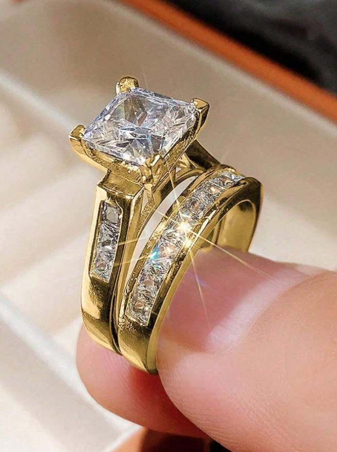 2PCS Square Crystal Wedding Ring Set Polished Elegant Bridal Women’s Jewelry USA