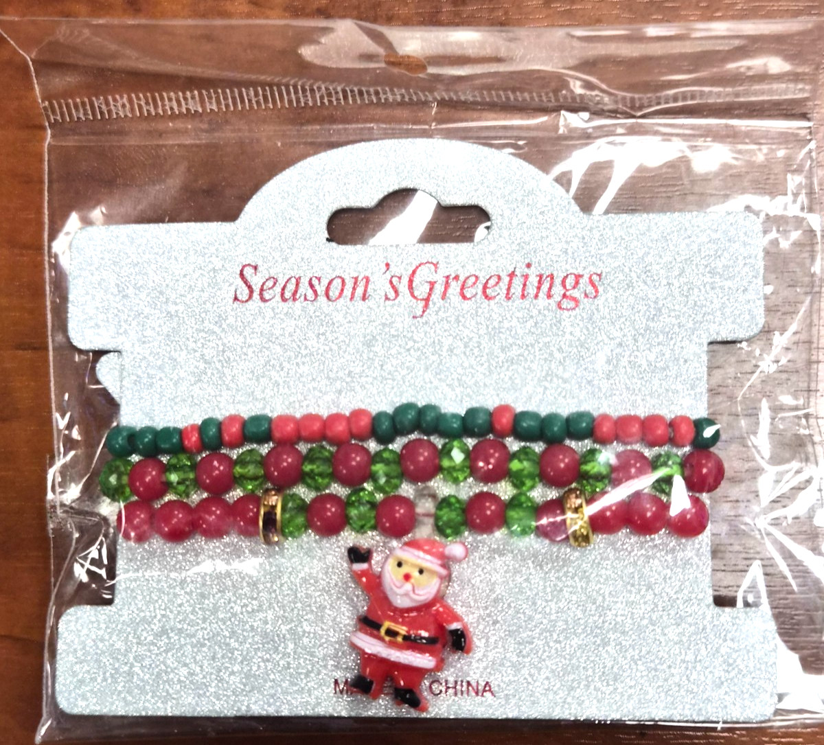 NOS Estate 3 Christmas Holiday Plastic Beaded Santa Claus 6.5″ Bracelet