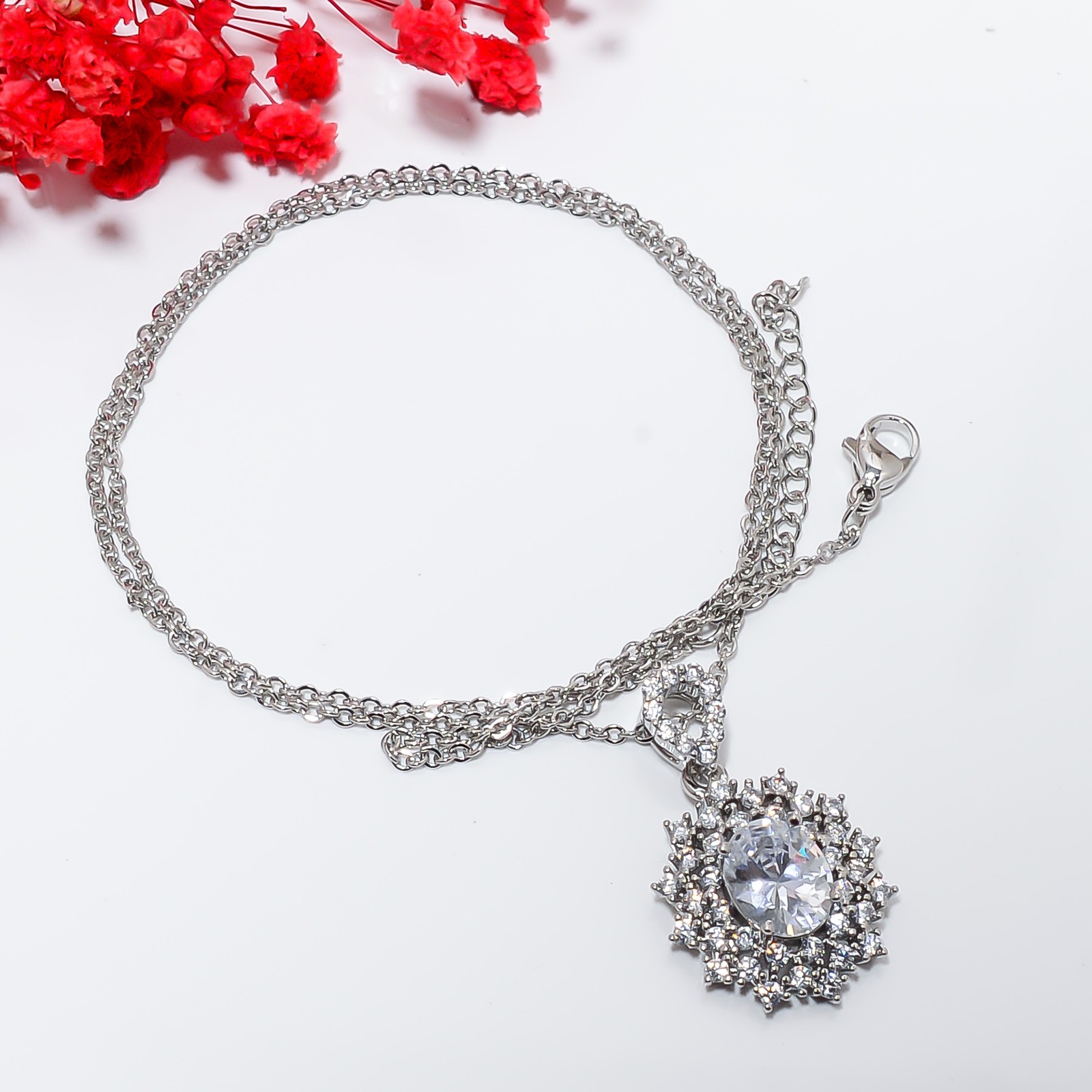 White Topaz & Cz 925 Silver Halo Floral Pendant With Chain 18-20″ CP56621