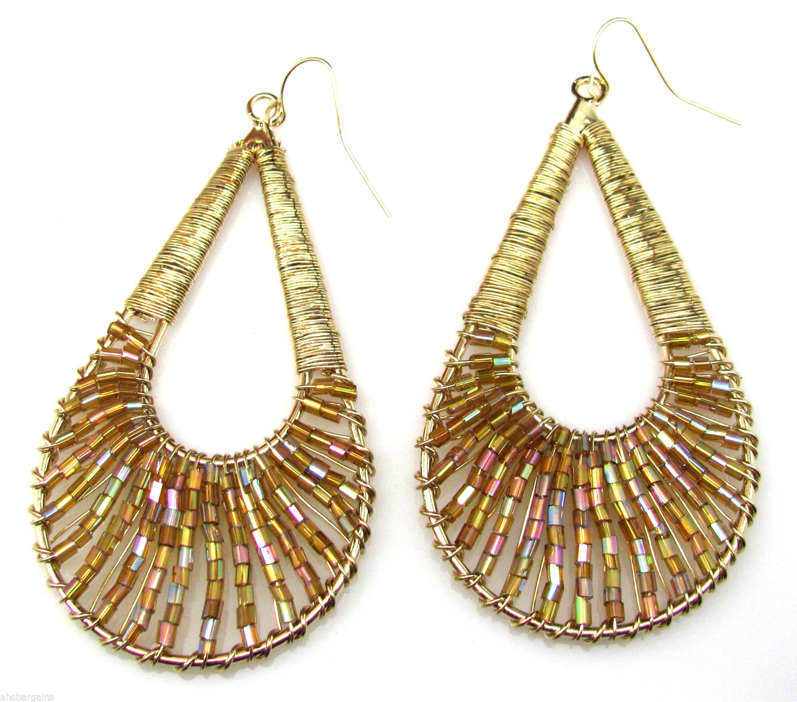 Wire Wrapped Golden AB Beaded Teardrop Double Hoop Earrings New