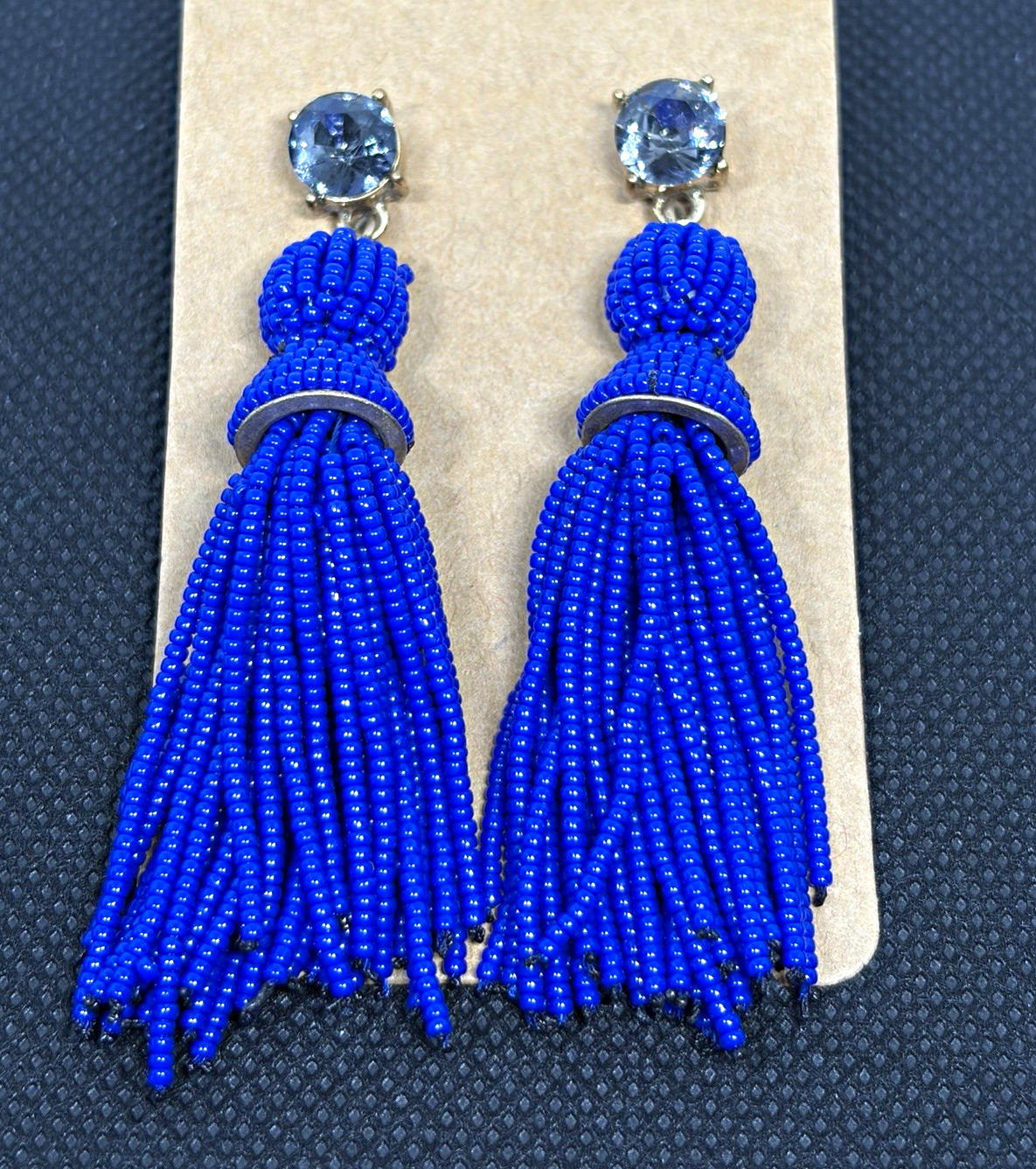 Cobalt Blue Seed Bead Tassel Drop Earrings Rhinestone Crystal Statement Boho