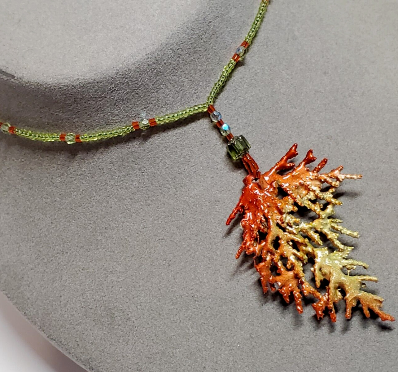Handmade Orange Green Enamel Natural Juniper Branch Pendant Bead 16″ Necklace