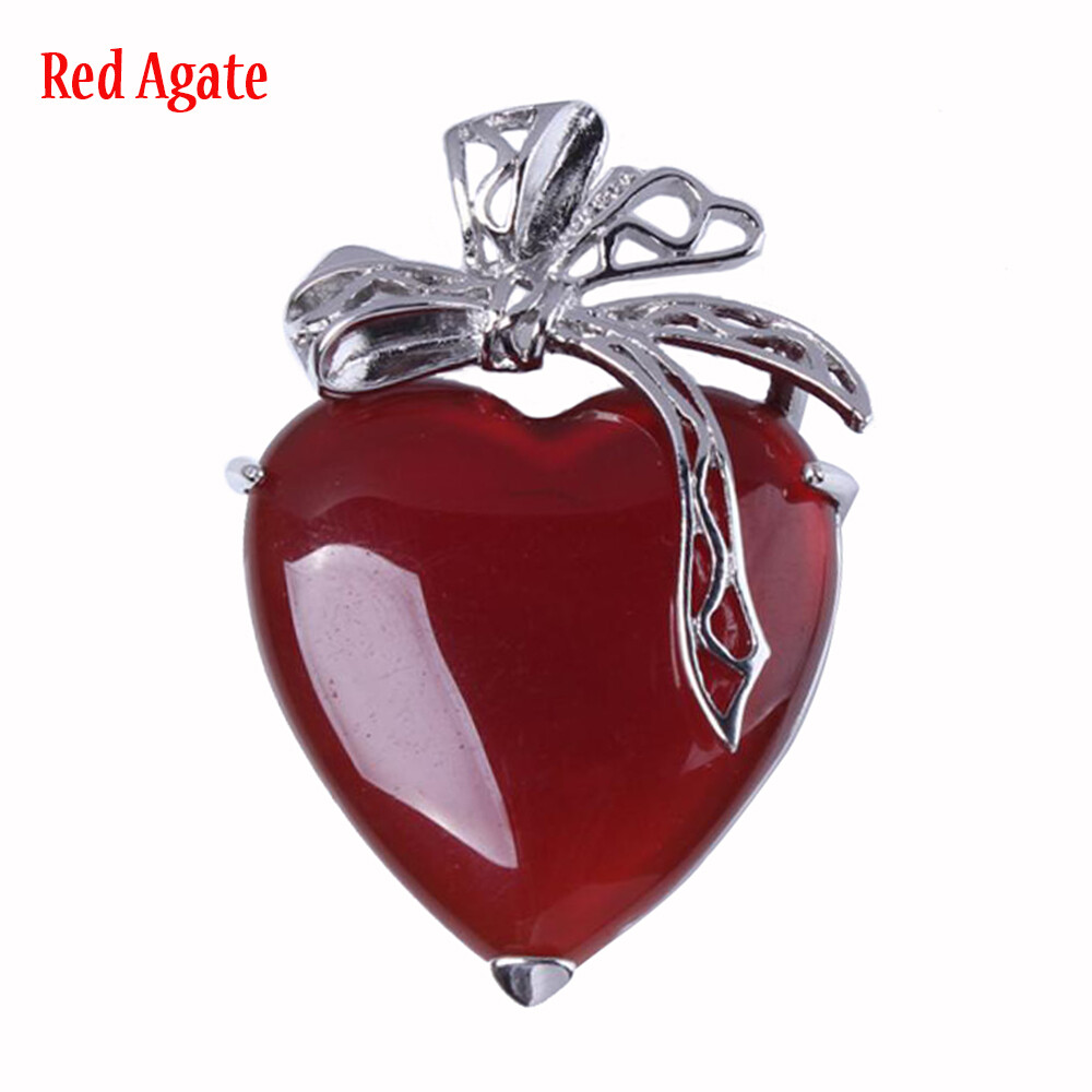 Natural Crystal Quartz Love Heart Bow Pendant Bead Chakra Stone Healing Amulet