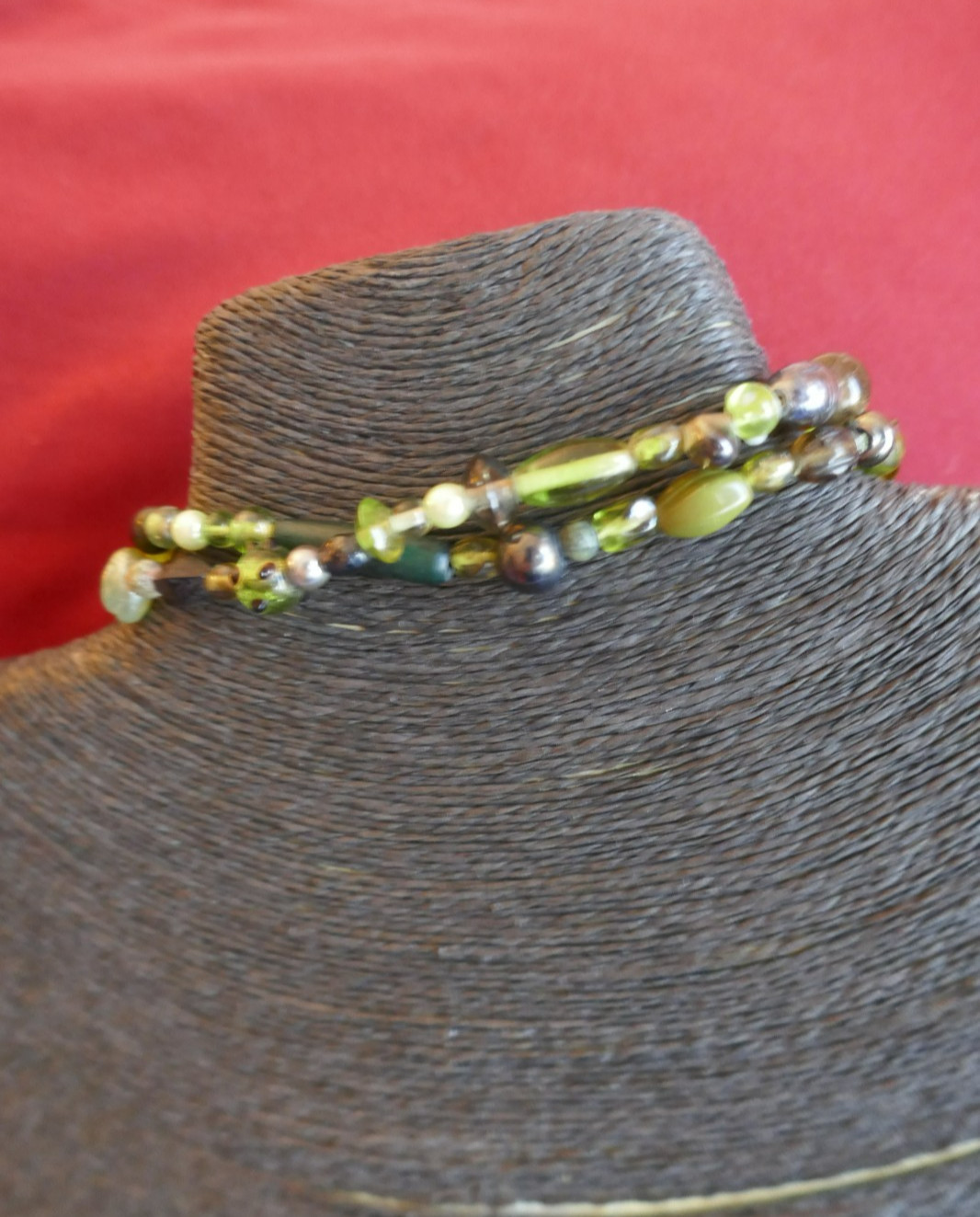 40″ Long Necklace Green Copper Gold Large Abstract Shapes Acrylic & Glass Beads