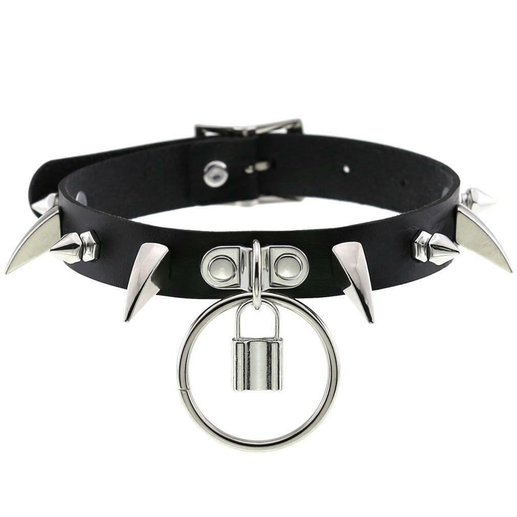 Women O Ring Neck Collar Chain Gothic Punk Studded Pu Leather Choker Necklace
