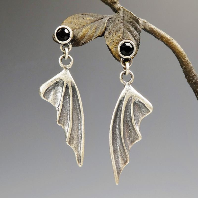 Handmade Black Crystal 925 Sterling Silver Bat Wing Drop Earrings Unique Gothic