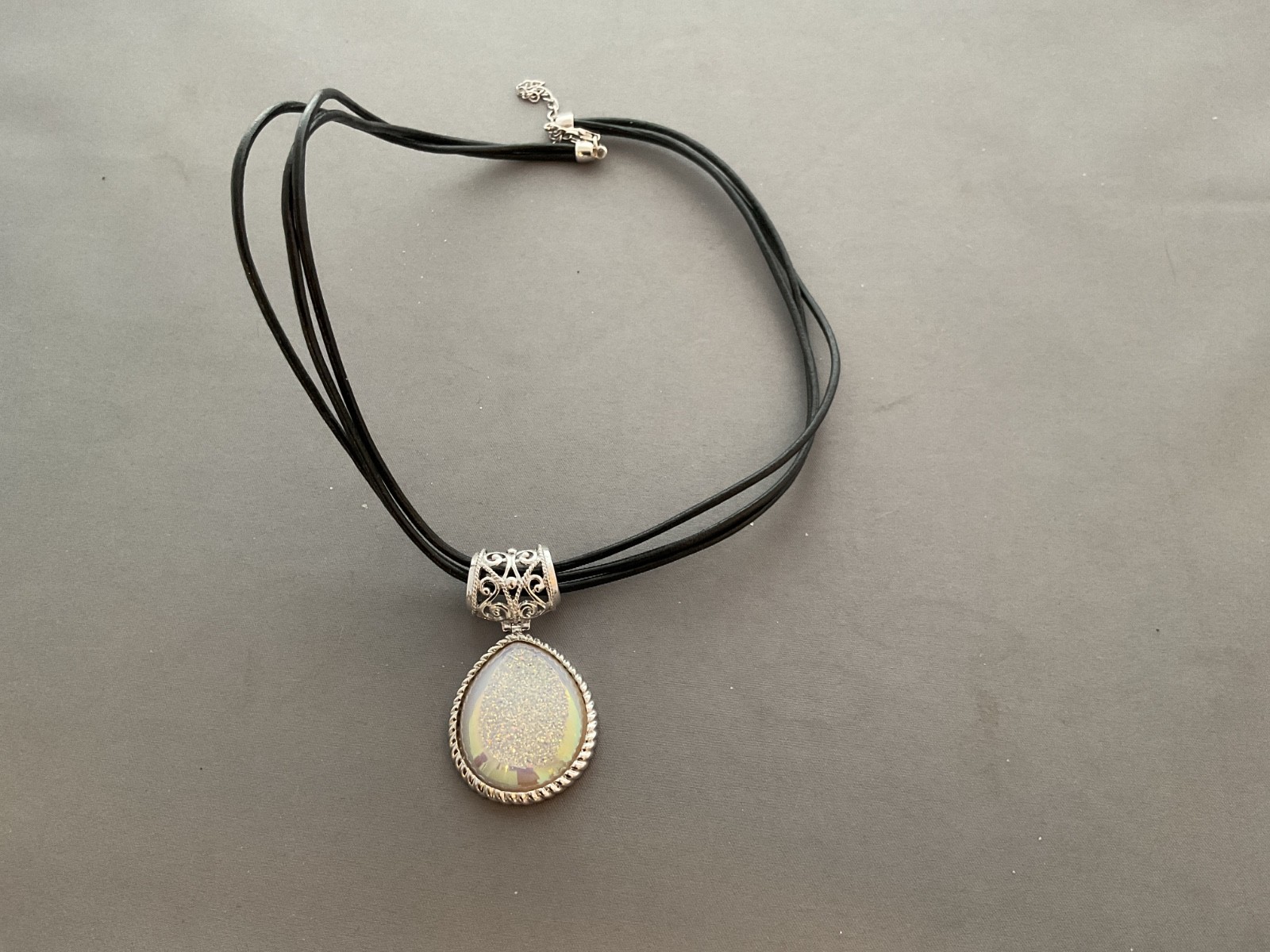 WHITE DRUSY QUARTZ PENDANT ON TRIPLE LEATHER CORD