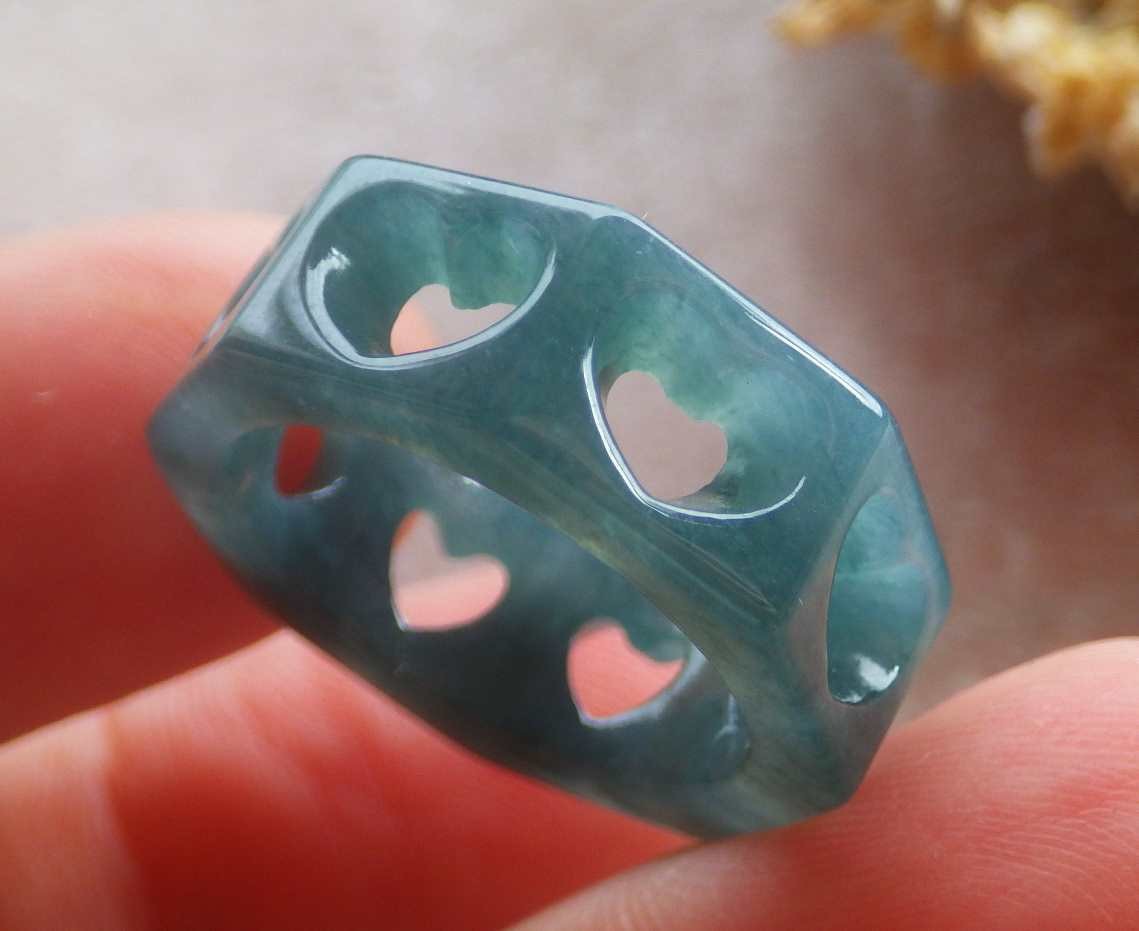 Video Certified Green A Jadeite Jade Heart Round Circle Ring NO. 5.5 # 420083 TS