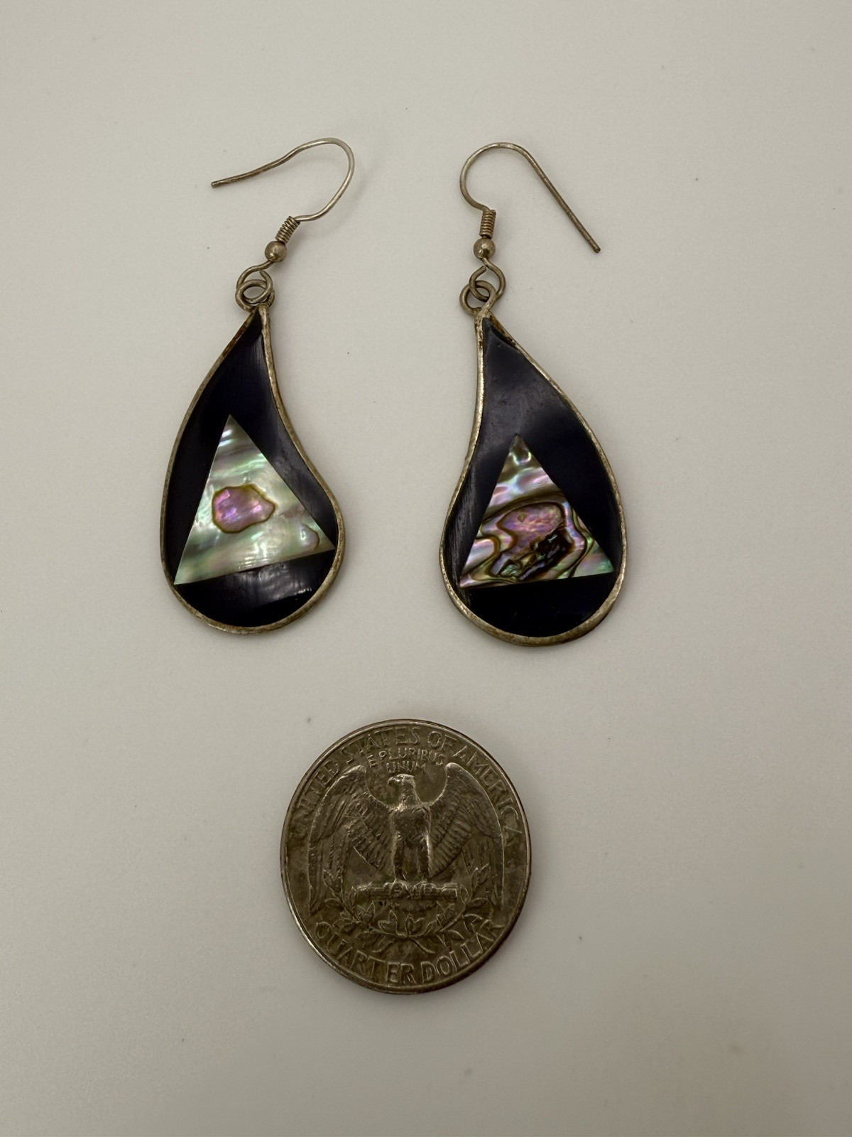 Vintage Teardrop Dangle Hook Earrings Black & Silver Tone Abalone Shell Inlay