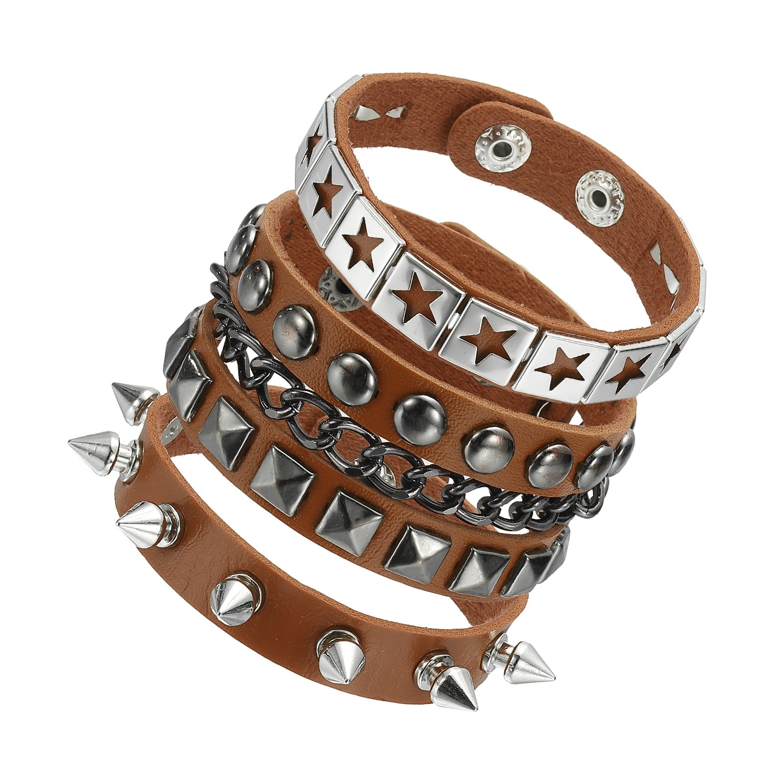 3Pcs Rock Studded Bracelet Set 8.7″/22cm Adjustable Bracelets Brown