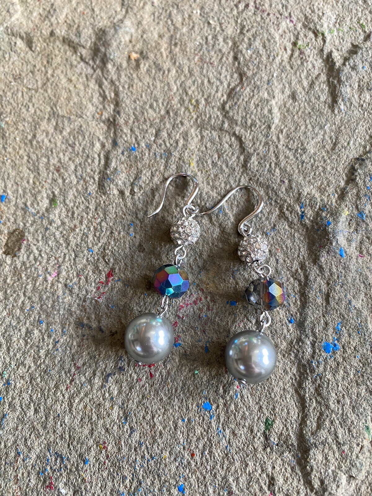 Dangle Earrings Rhinestone Silver Plated Pearl 2 Inches Glam Faceted Grey