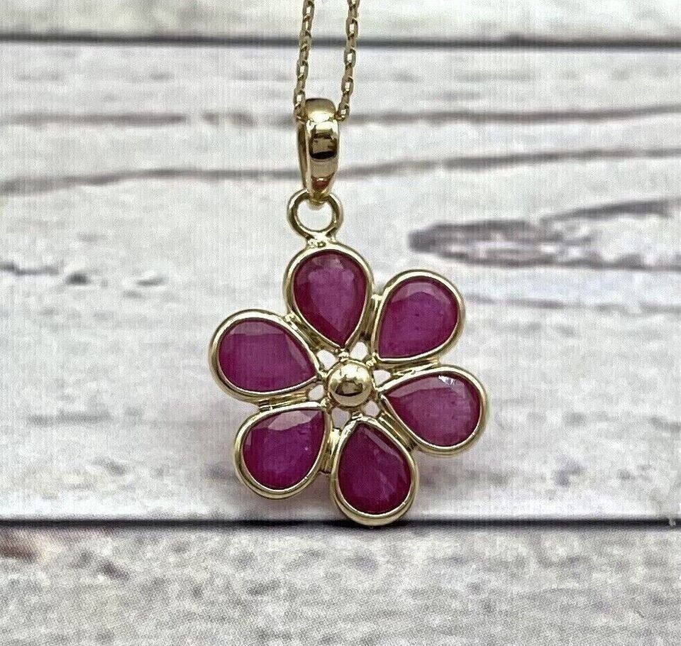 2Ct Pear Cut Simulated Red Ruby Flower Shape Pendant In 14K Yellow Gold Plated