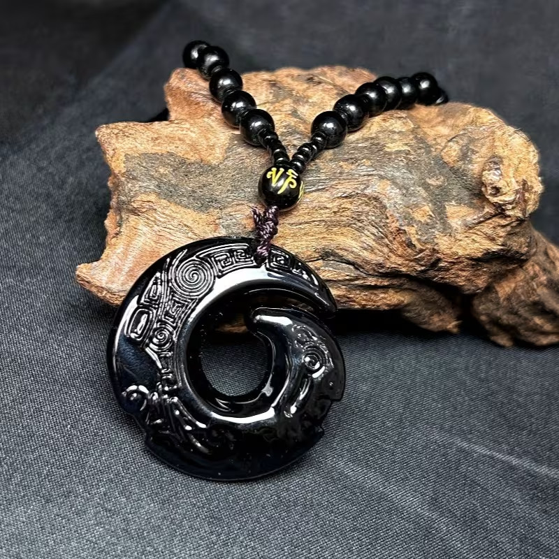 Obsidian Swirl Charm Pendant Necklace Beads Cord Handmade Carved Gemstone