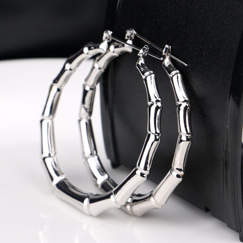925 Sterling Silver Big Circle Round Bamboo Hoop Fashion Charms 2.25″ Earrings