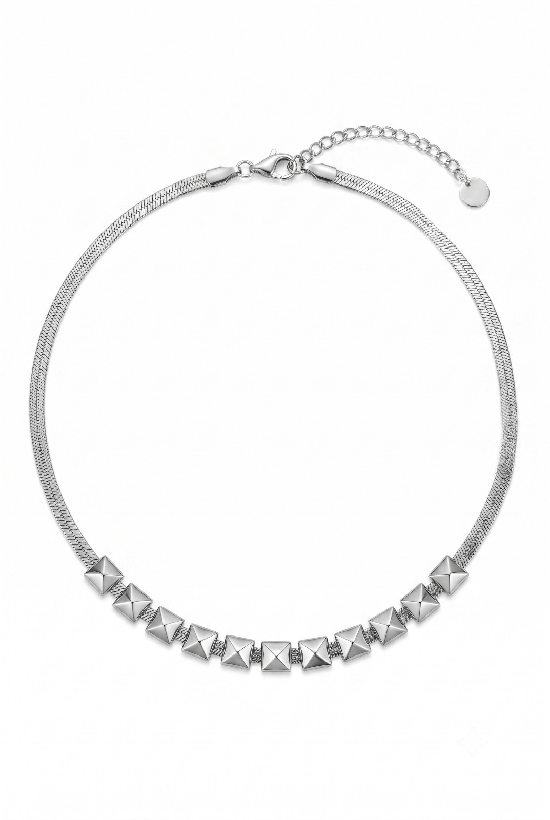 Stainless Steel White Gold Plated Pyramid Stud Snake Chain Choker Necklace