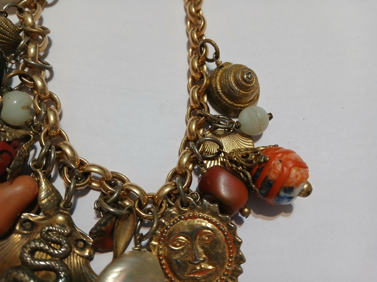 Gold Tone Nautical Charm Necklace SHELLS REAL Starfish , Coral, SEA SNAKE