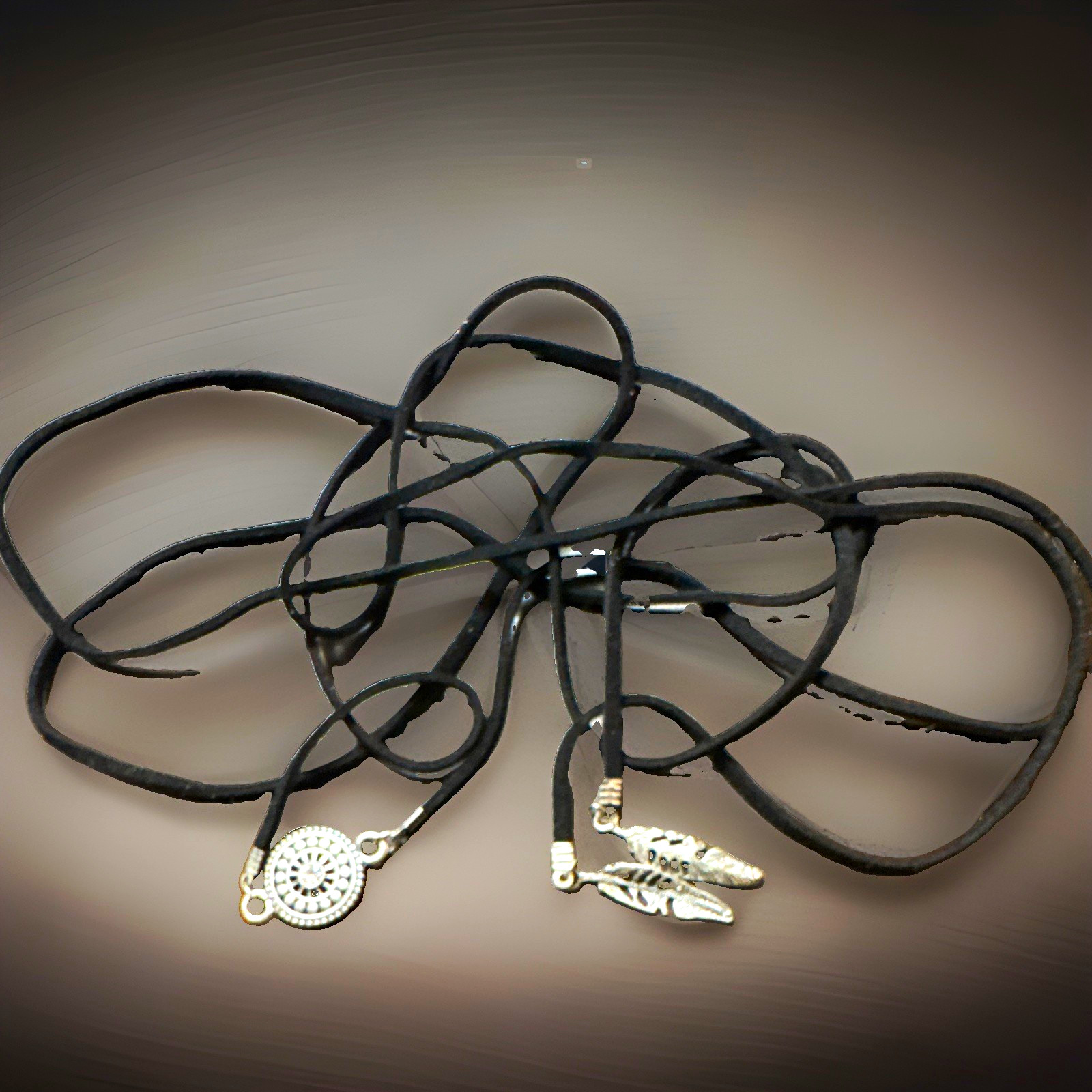 Black Cord Bohemian Necklace Silver Tone Round Charm Feather Pendants Adjustable