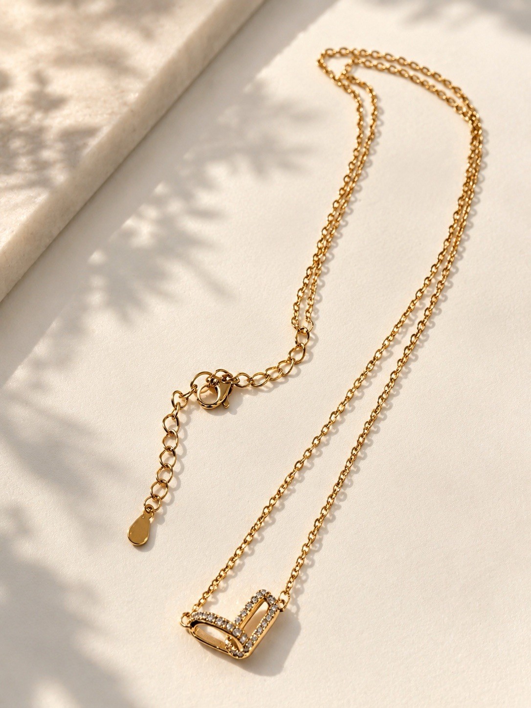 Gold Plated Cable Chain Necklace Asymmetrical Pavé White Crystal Charm Adjust