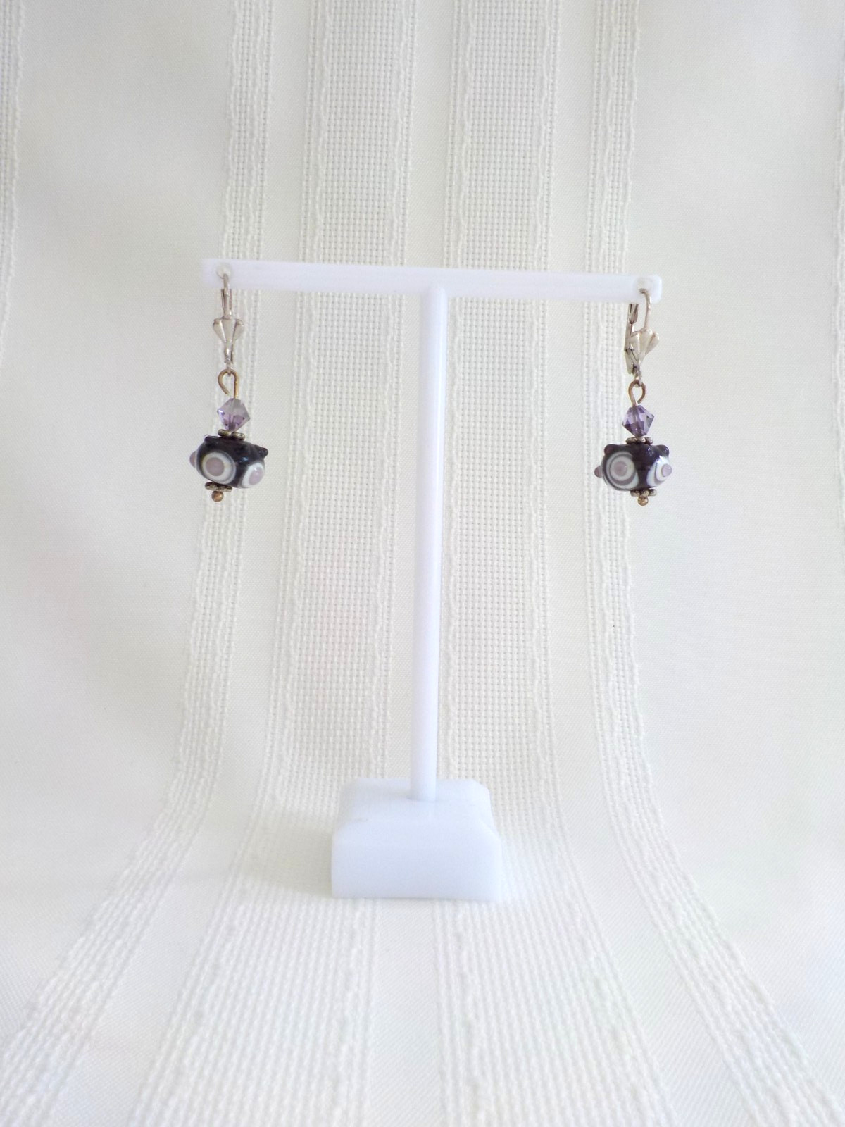Lampwork Black Purple White Bead Bracelet Pierced Earrings Round Toggle Bumpy