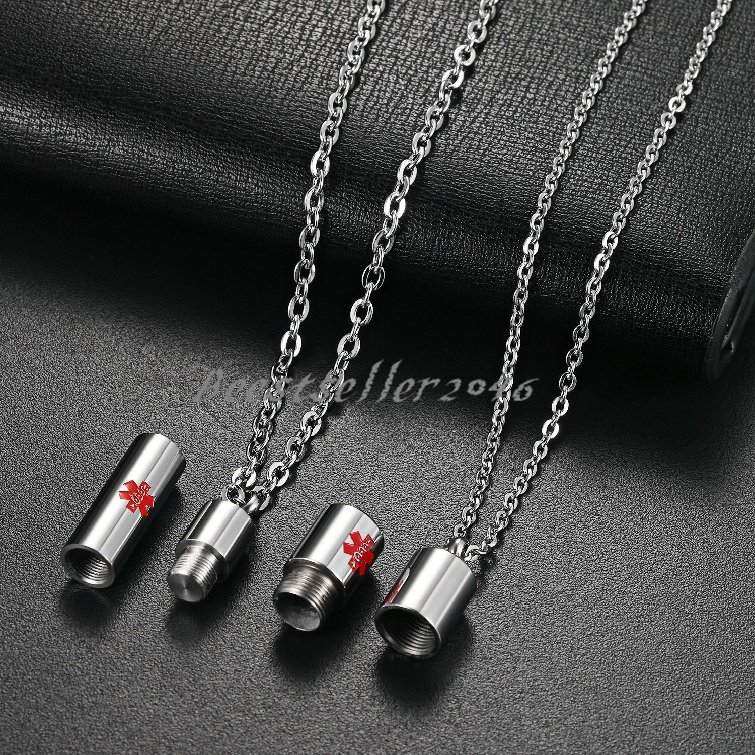 2pcs Stainless Steel Keepsake Container Holder Medical Alert Pendant Necklace