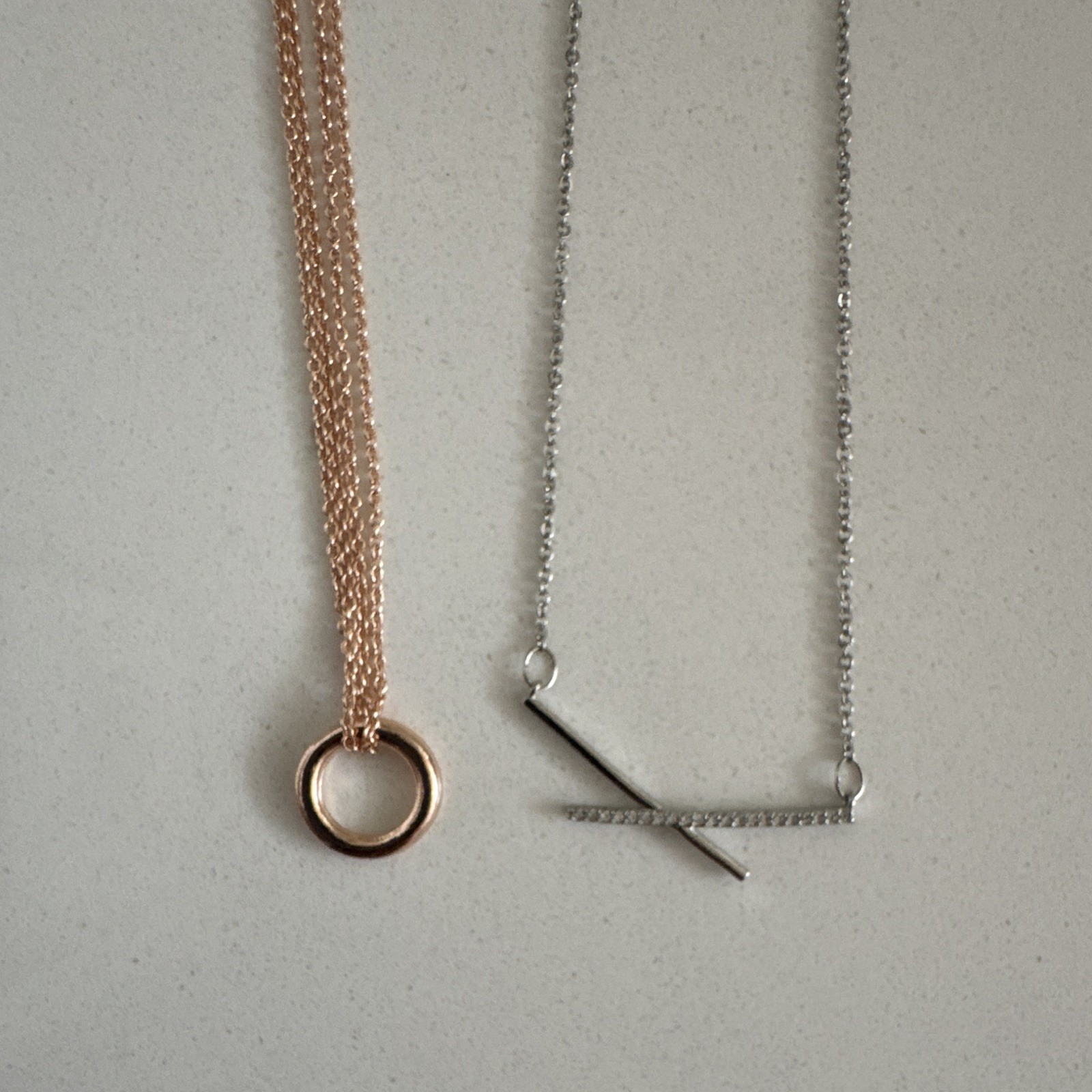 2pc Cable Chain Necklaces Circle & Bar Pendants Crystal Rose Gold/Silver 9” long