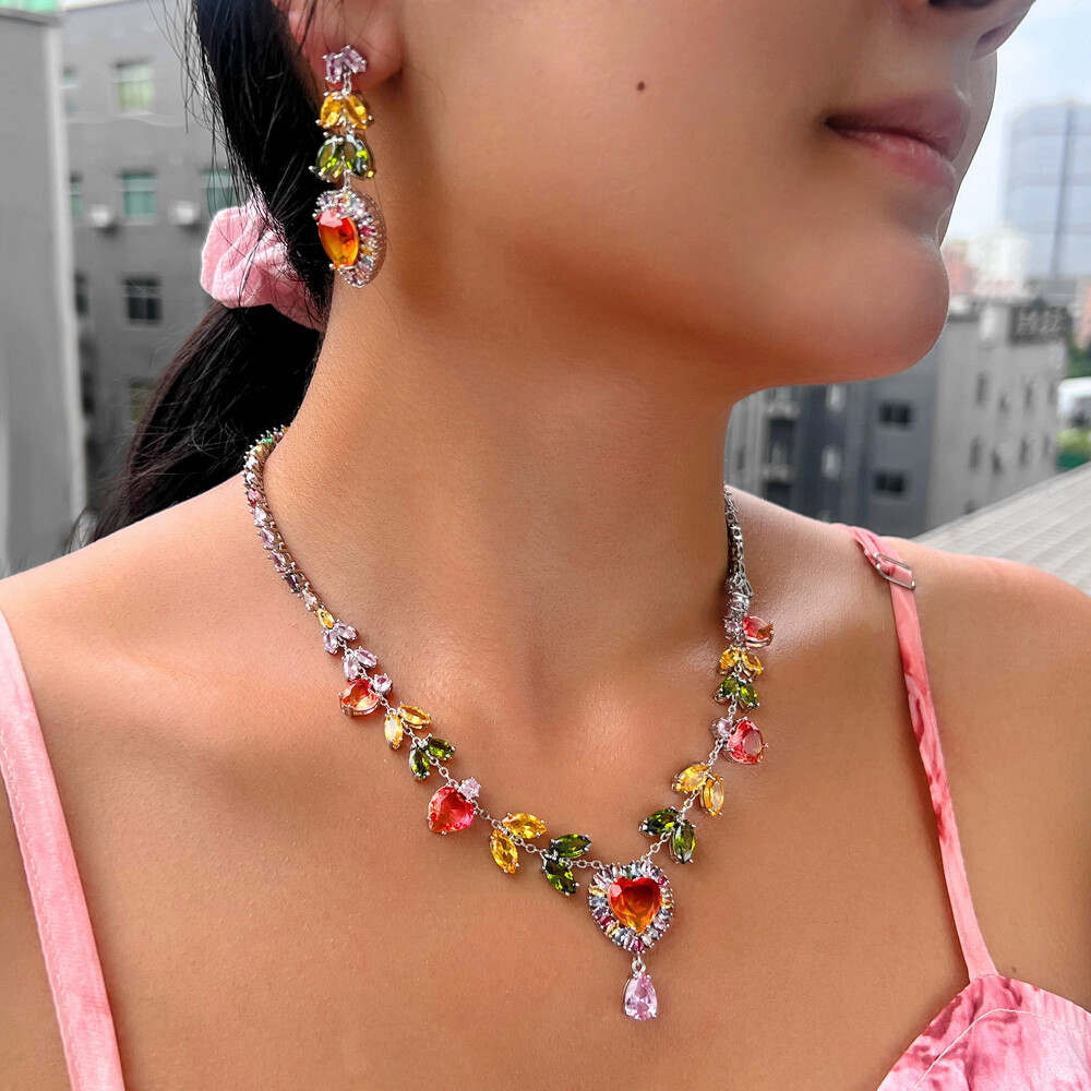 Silver Plated CZ Multicolor Leaf Heart Necklace Earrings Lover Party Jewelry Set