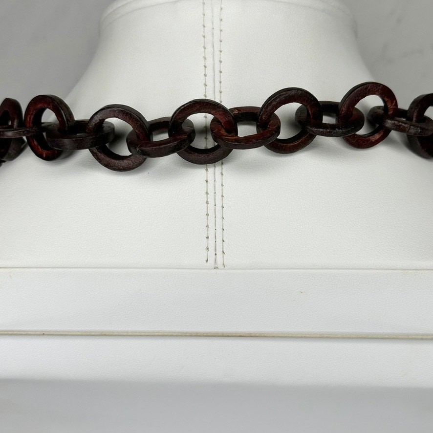 Dark Brown Wood Ring Link Cord Wrapped Chain Necklace Boho Artisan 30″ Slip On