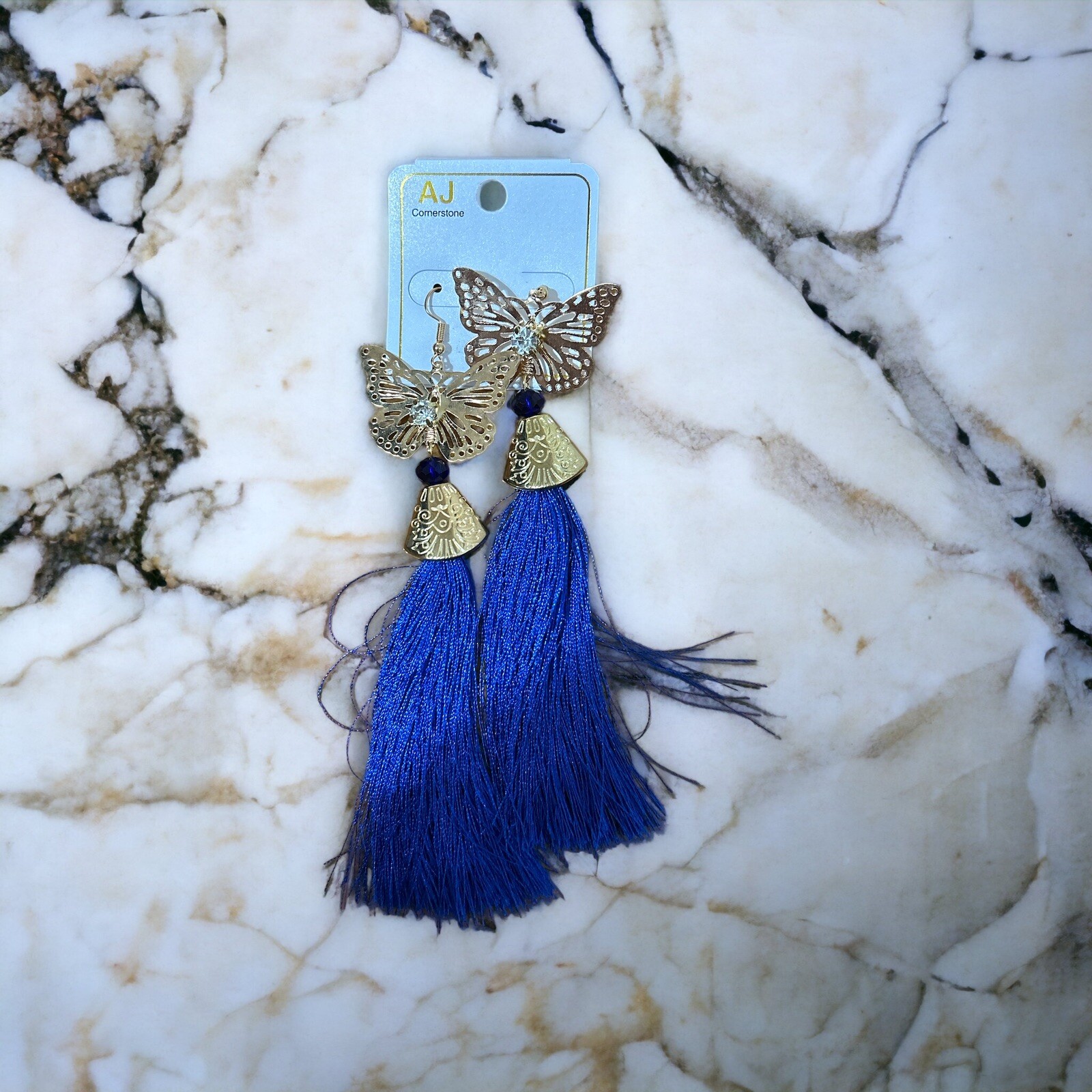 AJ Cornerstone Butterfly Tassel Earrings – Gold Filigree with Royal Blue Fringe