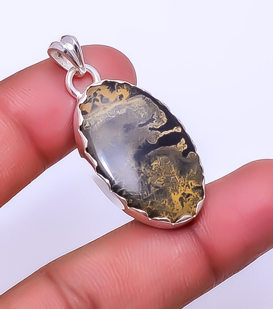 Honey Dendritic Opal – Mexico 925 Sterling Silver Pendant 1.64″ P26 Gift for her