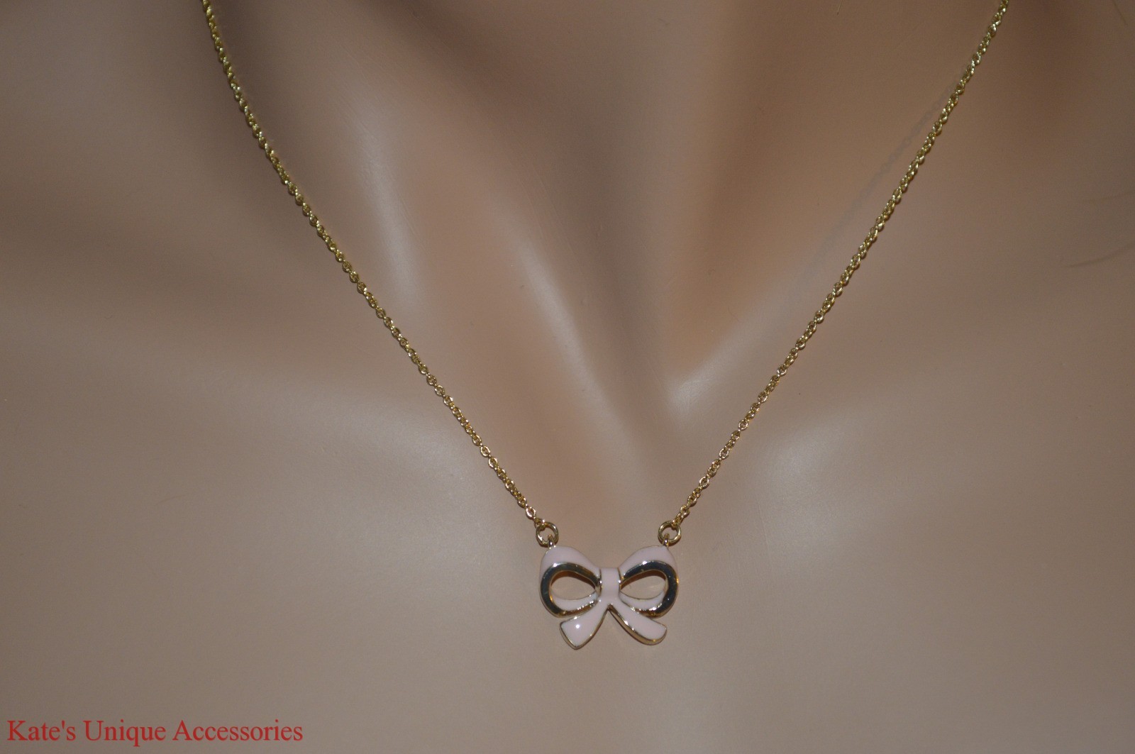 Lovely Gold Tone Chain & Pink Bow Tie Pendant Necklace Great Gift Idea For HER