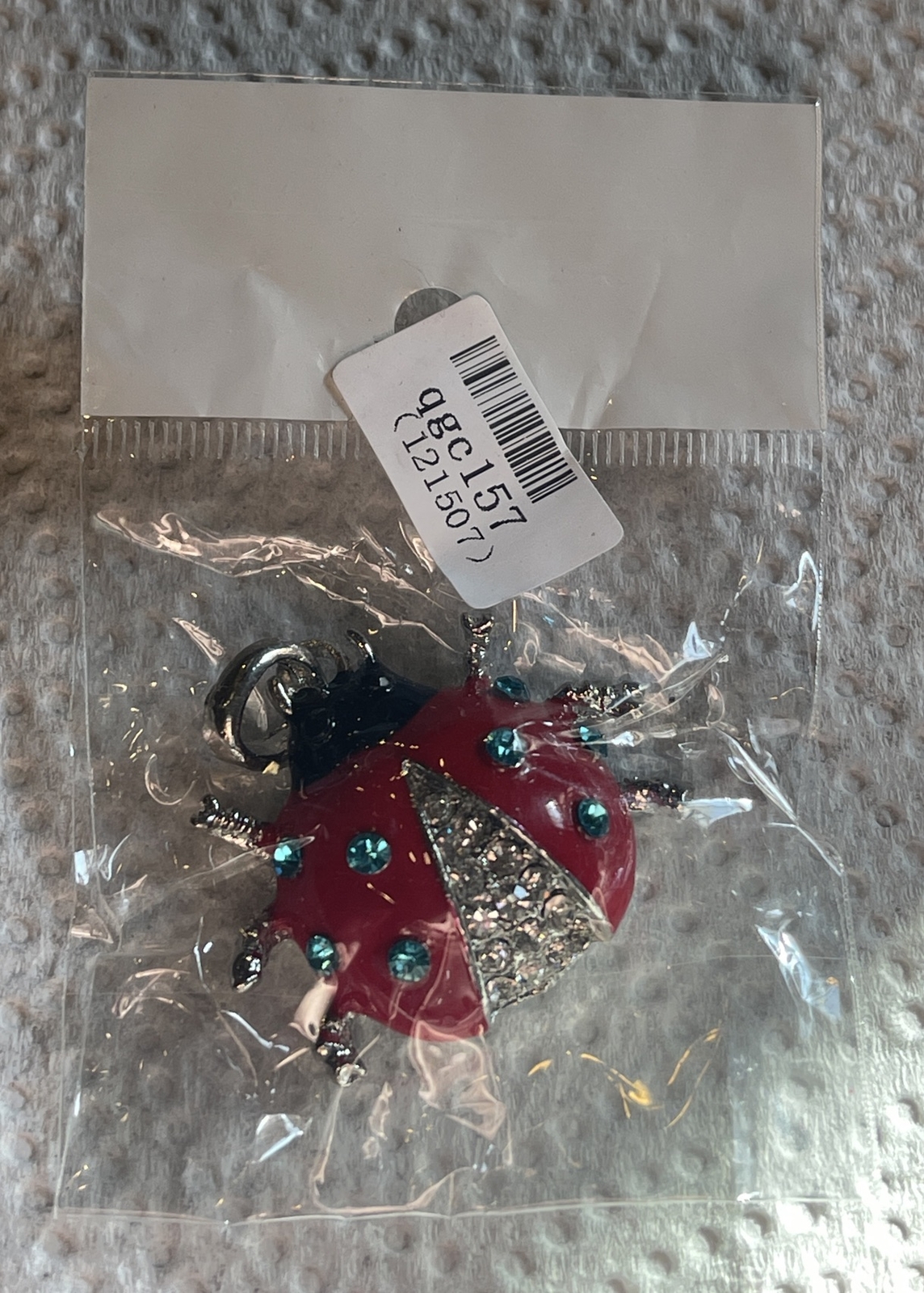 Lady Bug Pendant Red Black Laquer & Faceted Crystal Silver 1 1/2”x 1 3/8” w/Bail
