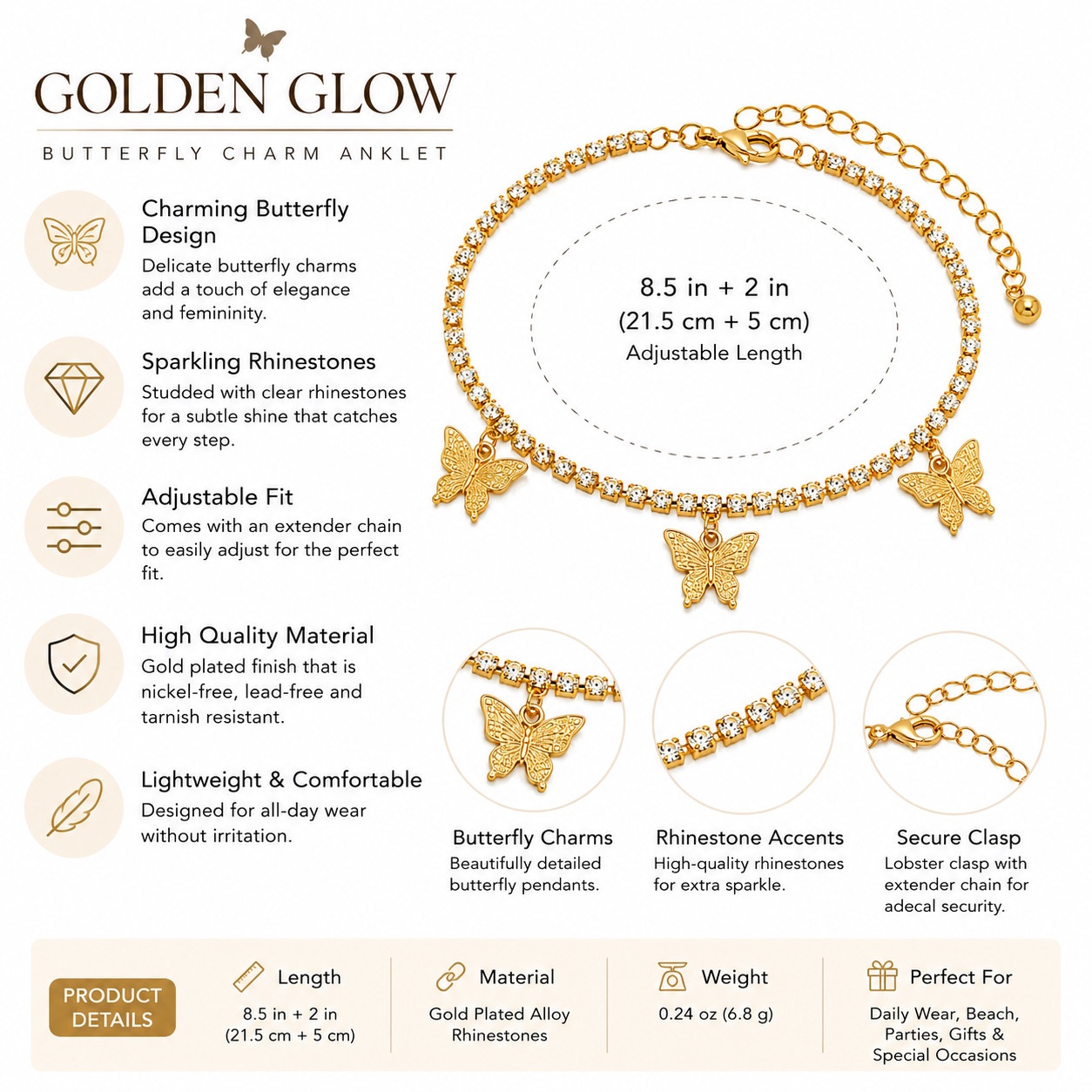 Golden Glow Butterfly Charm Anklet Gold Plated Adjustable Rhinestone