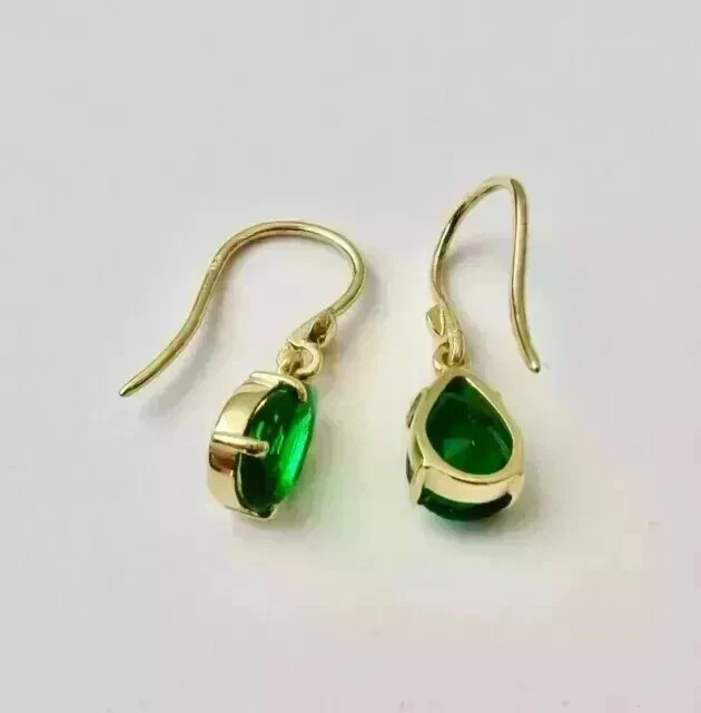 Simulated Green Emerald 3.5Ct Pear Drop/Dangle Earrings 14K Yellow Gold Plated