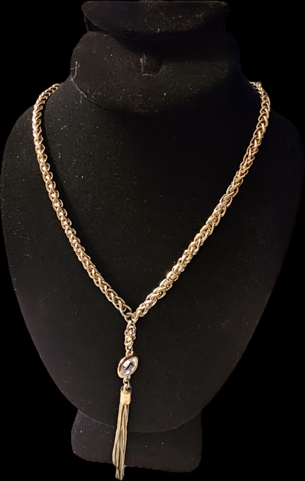 Banana Republic Gold Tone Tassel Pendant Long Necklace 37″ Crystal Accent