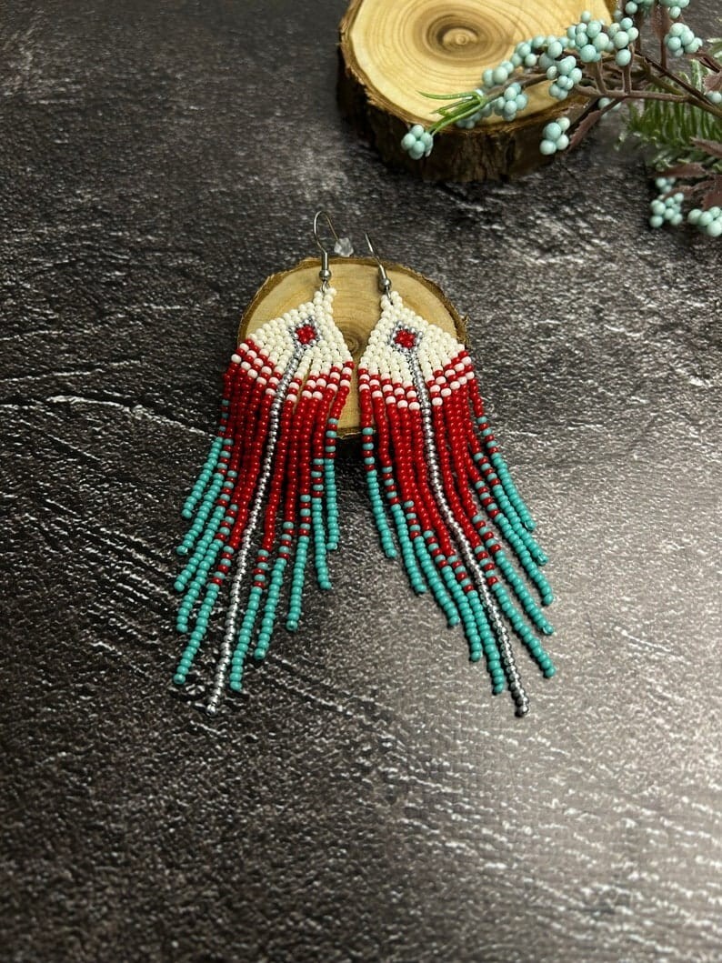 Tribal Earrings Native Large Boho American Seed Beads Handmade Earring