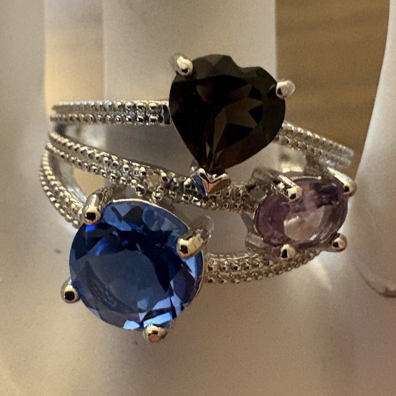 Multi-Band Sterling Silver Ring with Blue, Purple, and Heart-Shaped Natural Gem