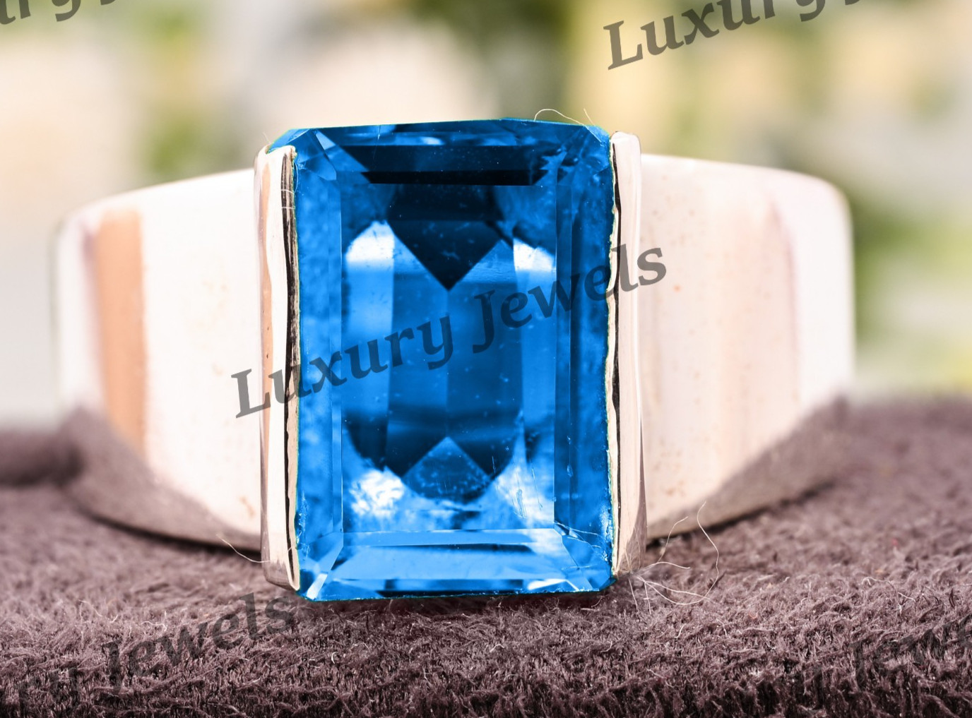 Luxury Swiss Blue Topaz 925 Sterling Silver Men’s Ring Artisan Handmade