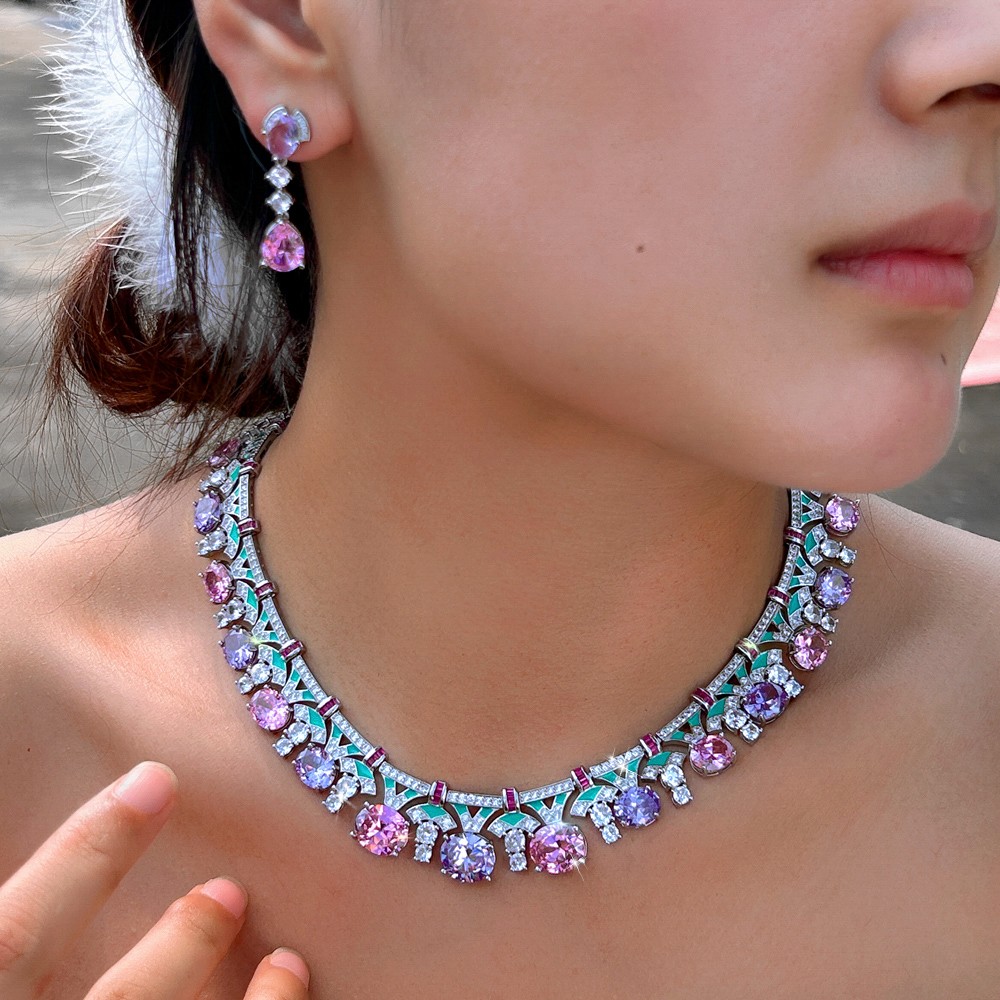 Silver Plated CZ Purple Pink Oval Shaped Wedding Necklace Earrings Jewelry Set