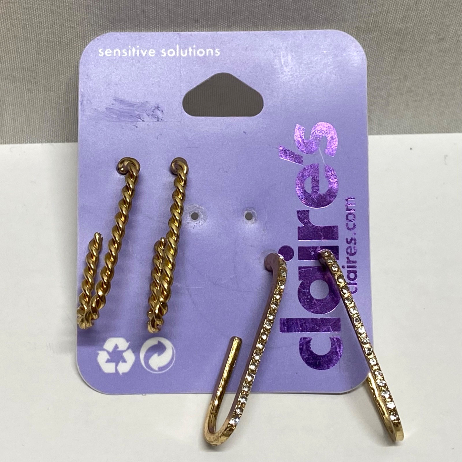 Claire’s Oblong Hoop Earrings 2 Pack Gold Tone Silvertone Hoops Earring Set NOS