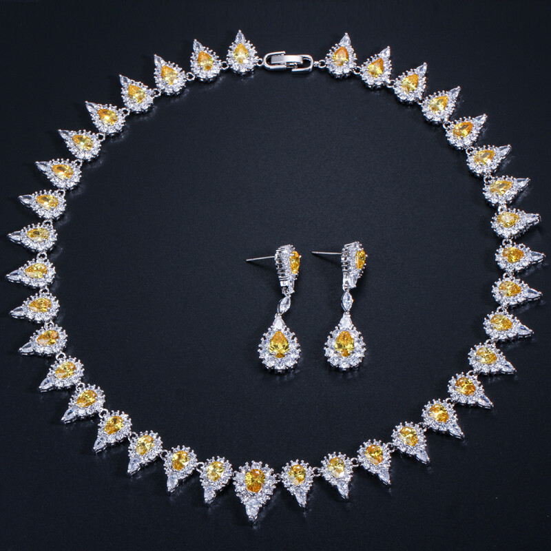 Yellow Topaz Cubic Zircon Round Choker Necklace Dangle Drop Earrings Jewelry Set