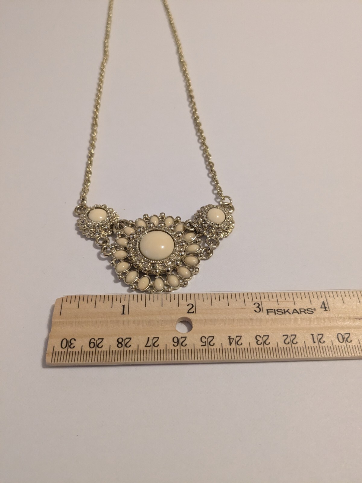 Gold Tone Flower Pendant Statement Necklace With Off White Acrylic Beads 24″.